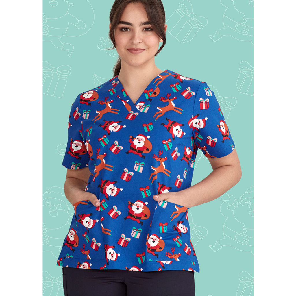 Biz Care CST346LS Womens Christmas V Neck Scrub Top